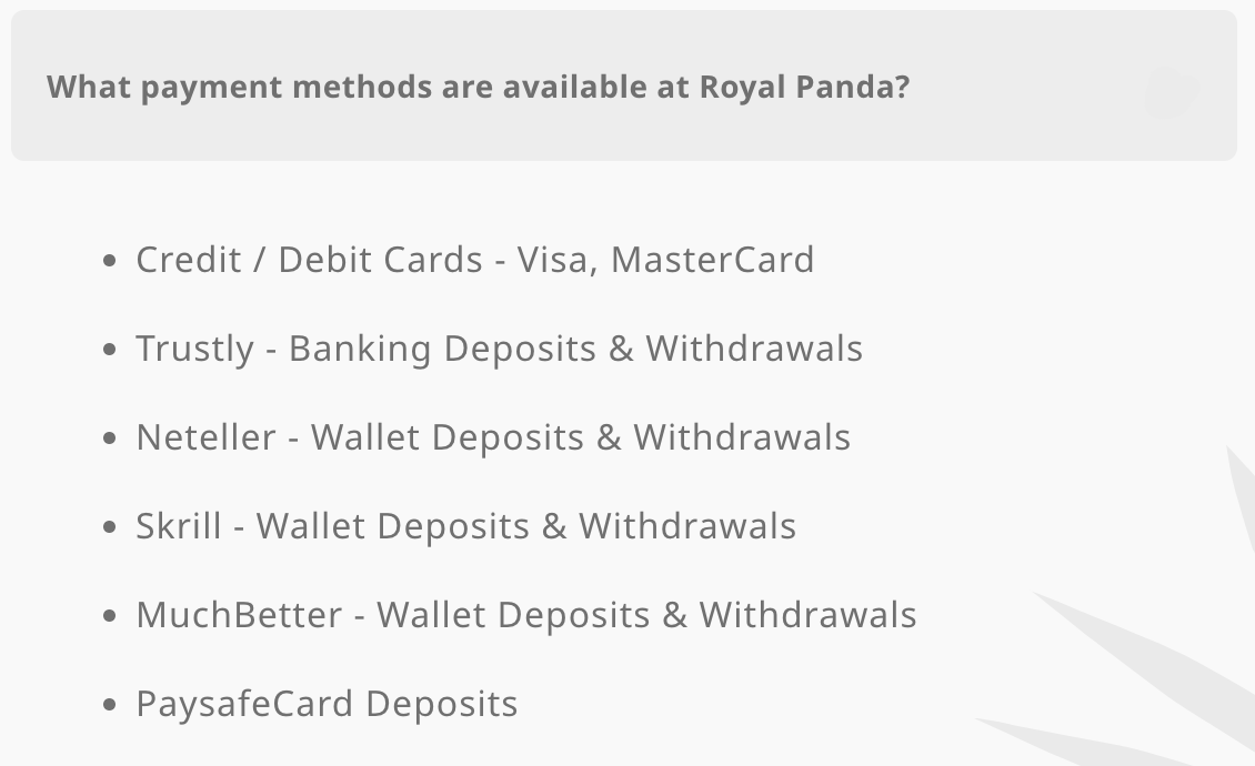 Payment methods in Royal Panda Casino